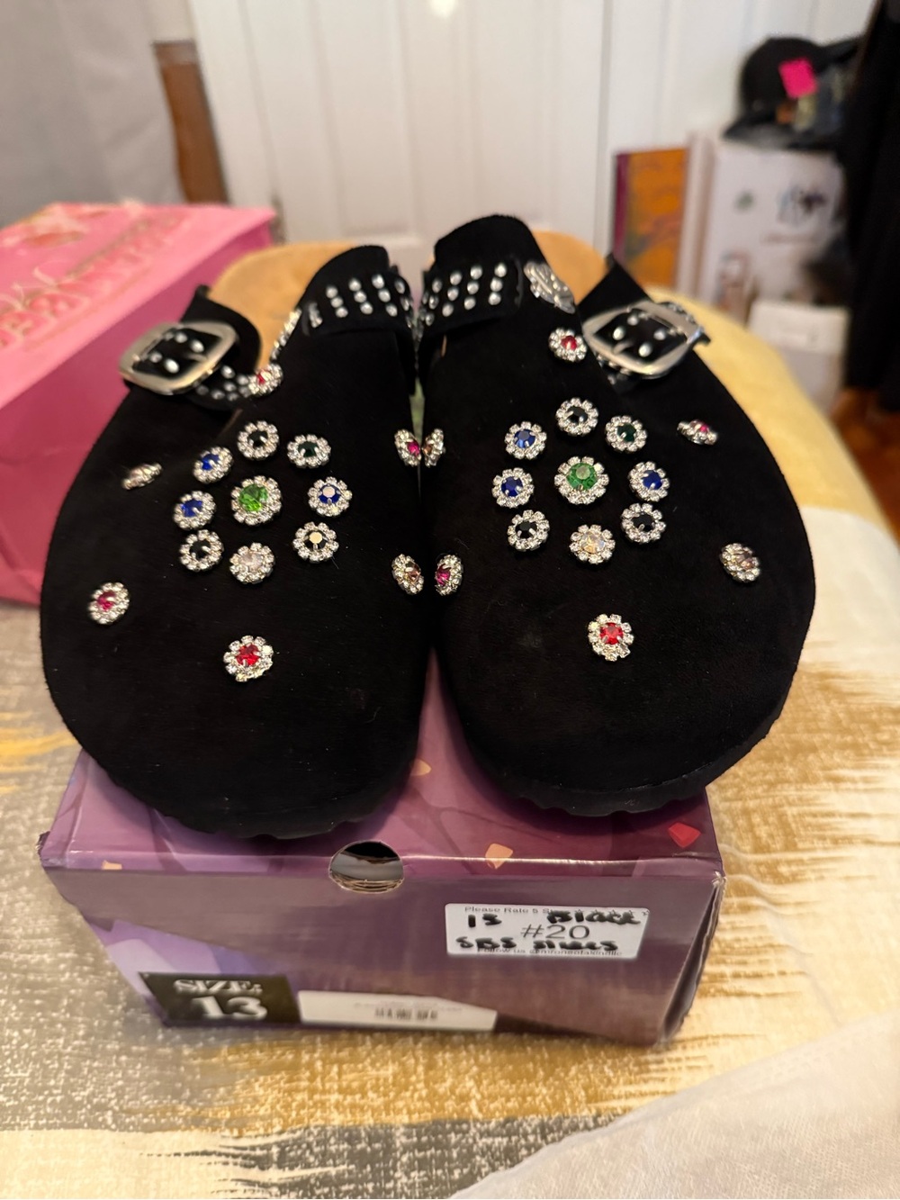 Sad Boy Saga Slides Black Embellished Suede-Look Slip-On Clogs with Buckle